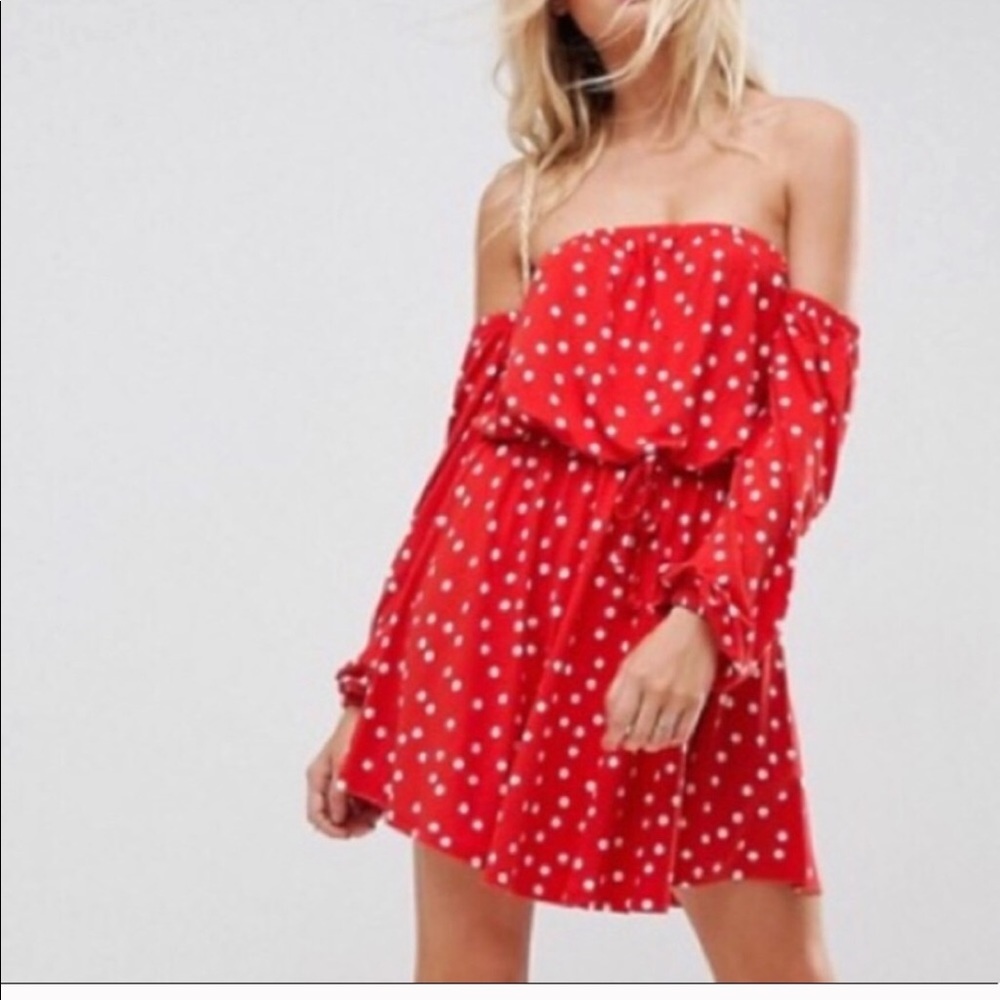 Off the shoulder red polkadot dress